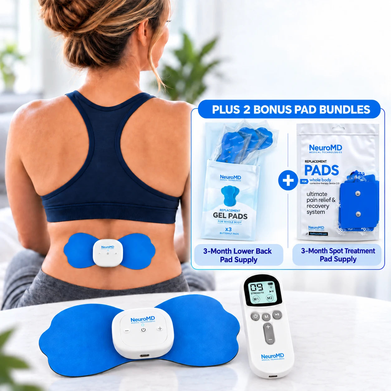 NeuroMD Corrective Therapy Device with three butterfly electrode pads and four square spot treatment pads