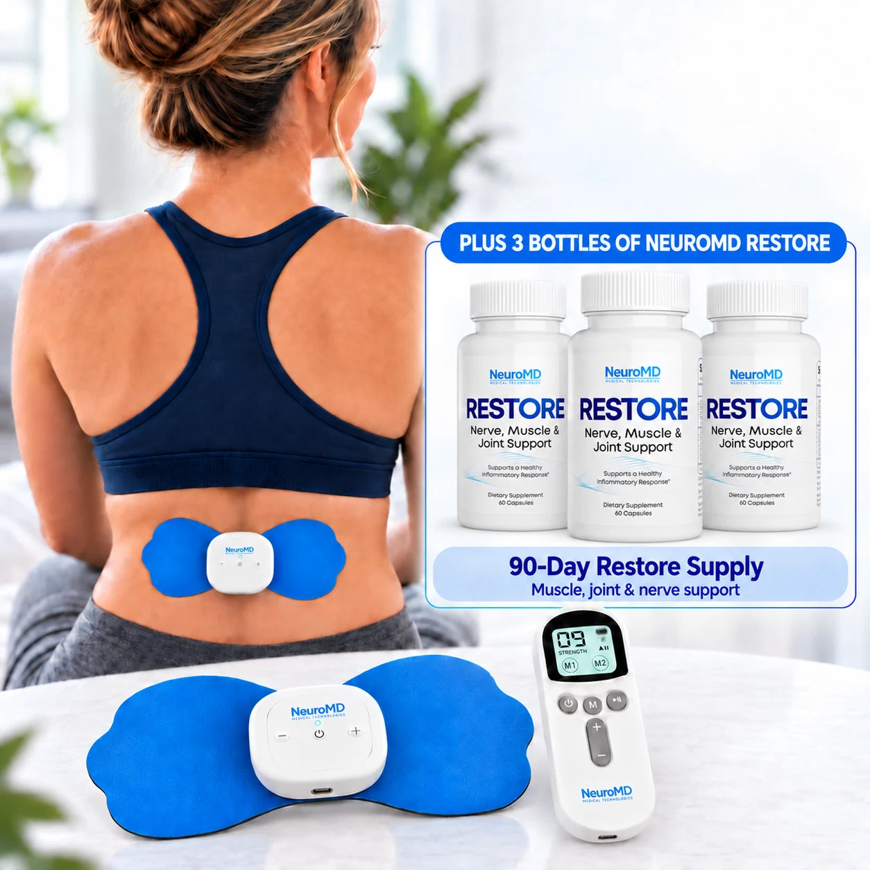 NeuroMD Corrective Therapy Device kit with three bottles of NeuroMD Restore