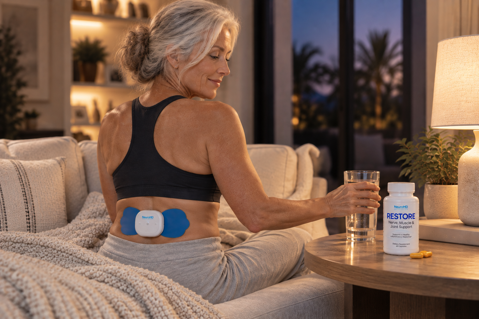 Woman using a NeuroMD device while seated beside a bottle of Restore and a glass of water