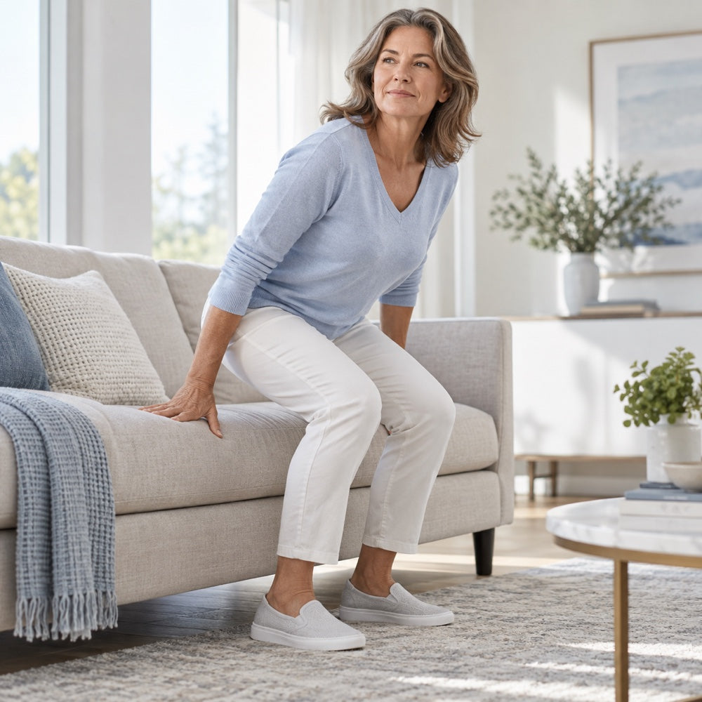 Active middle-aged woman rising comfortably from a sofa