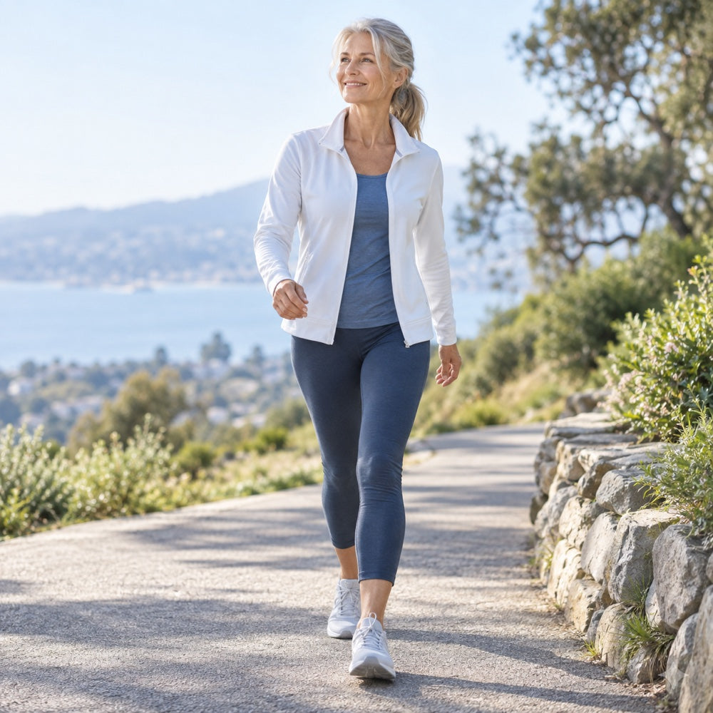 Active woman walking confidently along a scenic outdoor path