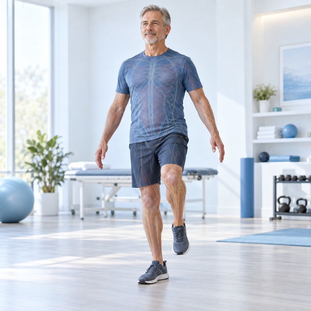Active man practicing controlled balance with a subtle muscular and nervous system overlay